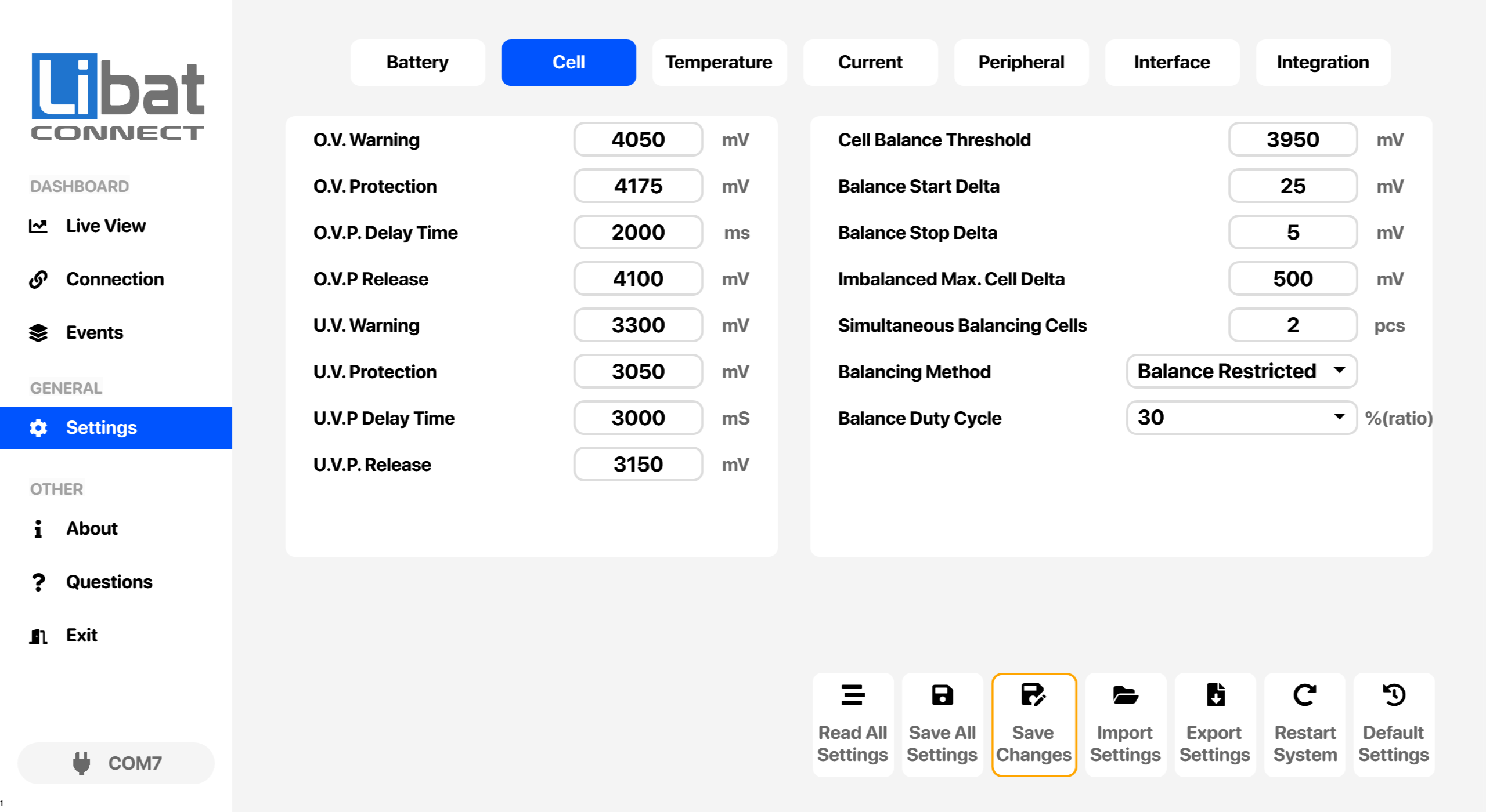 Fig.7.2.1: Cell Settings Screen