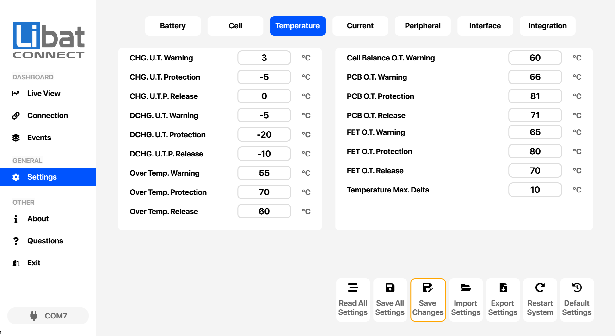 Fig.7.3.1: Temperature Settings Screen